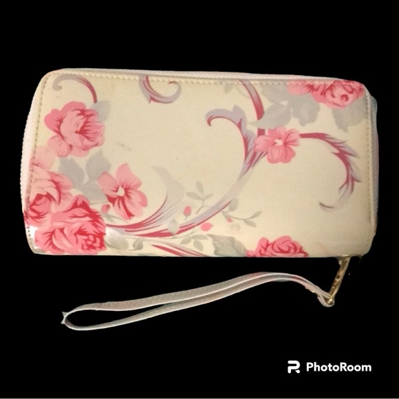 NWOT | Double Sided Wallet/Wristlet | Cream with Pink Flowers & Gold Hardware - Picture 1 of 3